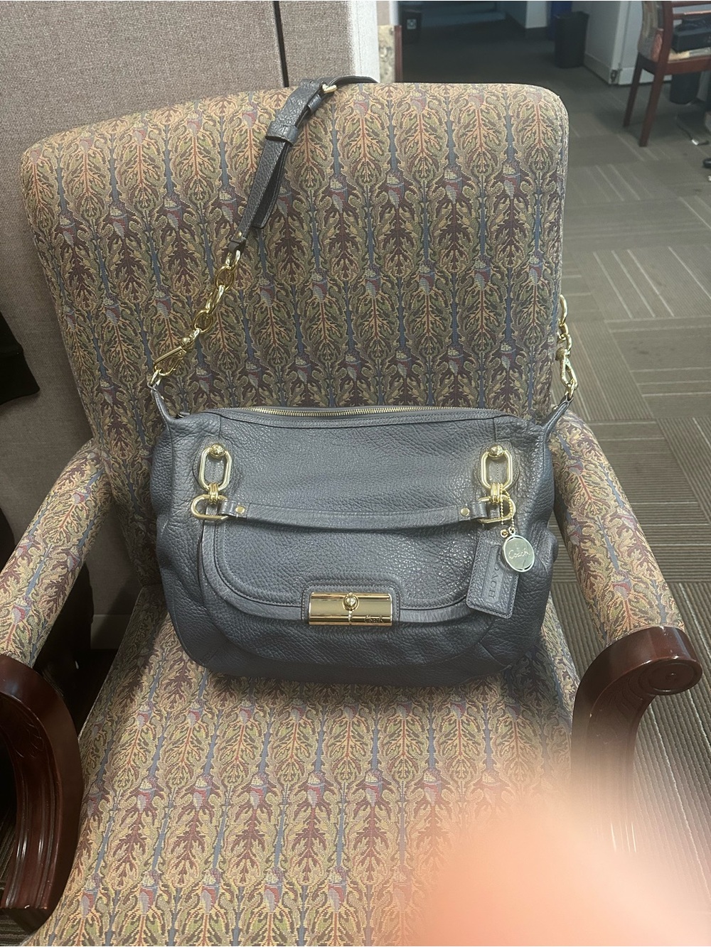 Coach Slate Blue Pebbled Leather Shoulder Bag with Gold Hardware